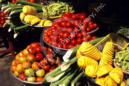 Fruit and vegetable display at a Saigon market, Vietnam.