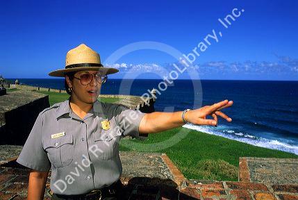 A female hispanic park ranger at El Morro Castle in San Juan, Puerto Rico.