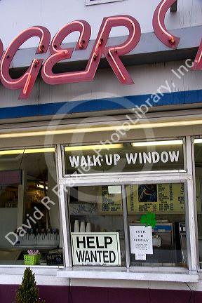 Help wanted sign in the window of a restaurant in Boise, Idaho.