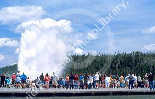 Tourists visit Old Faithful Geyser during eruption in Yellowstone National Park, Wyoming.