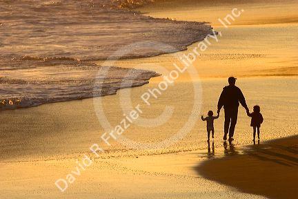 Father and children holding hands on the beach at sunset in Santa Cruz, California.