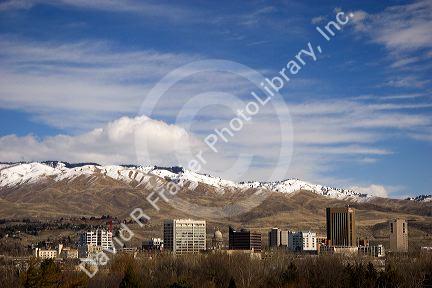 Foothills with snow and cityscape of Boise, Idaho.