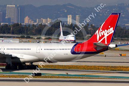 Virgin Atlantic Airbus 340 on taxiway at LAX Los Angeles airport, California.