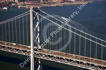 Aerial view of traffic on the bay bridge and the city of San Francisco, California.