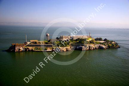 Aerial view of Alcatraz Island in the San Francisco bay, California.