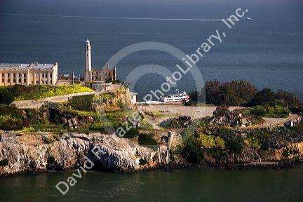 Aerial view of Alcatraz Island in the San Francisco bay, California.