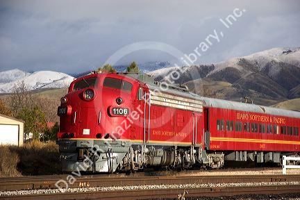 The Thunder Mountain Line scenic tourist train leaving the station at Horseshoe Bend, Idaho, USA.