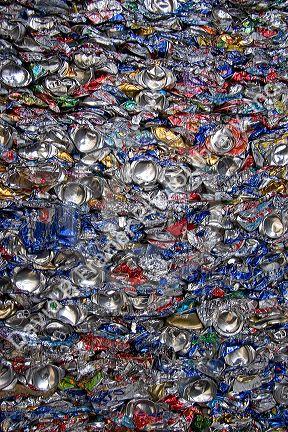 Crushed aluminum cans at a recycling facility in Boise, Idaho.