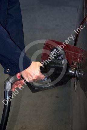 A womans hands pumping gasoline into a car.