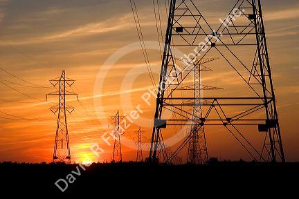 Sunset and silhouetted power transmission lines near Port Clinton, Ohio.