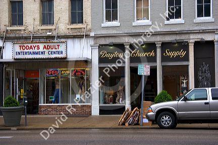 Juxtaposition of businesses in Cleveland, Ohio.