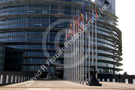 European Union Parliament and flags of member nations in Strasbourg, France.