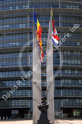 European Union Parliament and flags of member nations in Strasbourg, France.