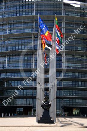 European Union Parliament and flags of member nations in Strasbourg, France.