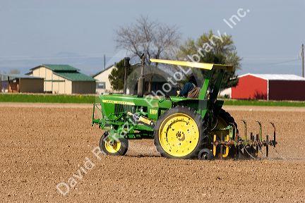 A tractor spring tilling a crop in Canyon County, Idaho.
