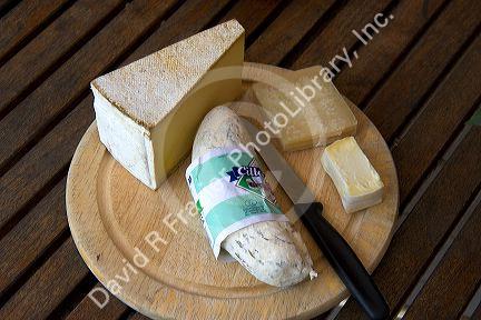 Assorted cheese and sausage plate in Switzerland.