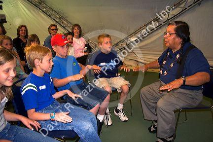 Native American story teller, Ed Edmo,  in Boise, Idaho with Lewis & Clark educational exhibit.