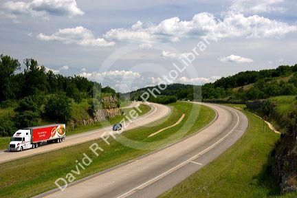 Automobiles travel on Interstate 40 near West Fork, Arkansas.