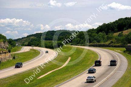 Automobiles travel on Interstate 40 near West Fork, Arkansas.