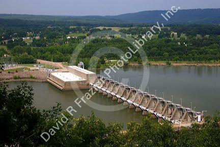 A hydroelectric dam, part of the Ozark Lake Project on the Arkansas River at Ozark, Arkansas.