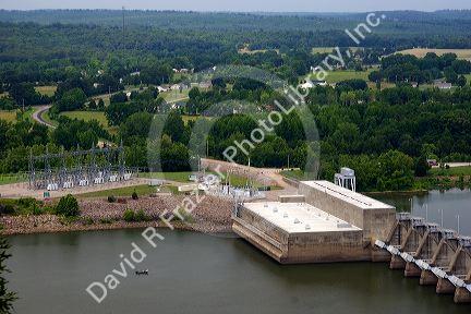 A hydroelectric dam, part of the Ozark Lake Project on the Arkansas River at Ozark, Arkansas.