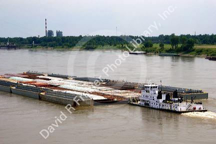 Tug boat and river barge on the Mississippi River at Helena, Arkansas.