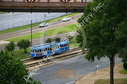 Retro street car along the Mississippi River in Memphis, Tennessee.