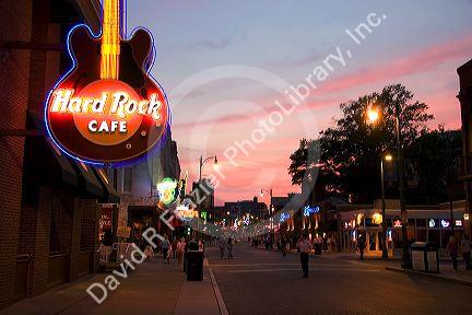 The Hard Rock Cafe neon sign on Beale Street in Memphis, Tennessee.