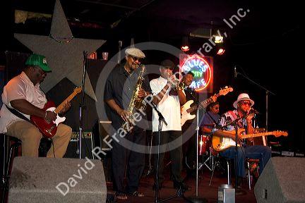 A blues band playing at a club on Beale Street in Memphis, Tennessee.