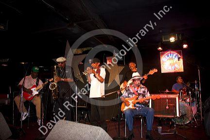 A blues band playing at a club on Beale Street in Memphis, Tennessee.