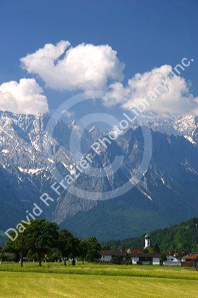 The town of Farchant and the Austrian Alps in Southern Germany.