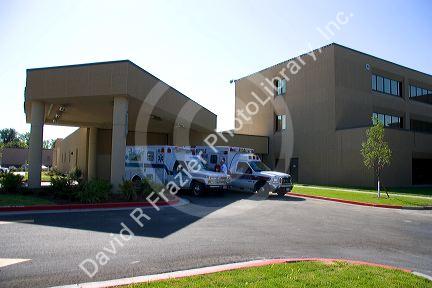 Ambulance parked at the emergency entrance to the West Valley Medical Center in Caldwell, Idaho.