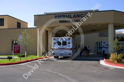 Ambulance parked at the emergency entrance to the West Valley Medical Center in Caldwell, Idaho.