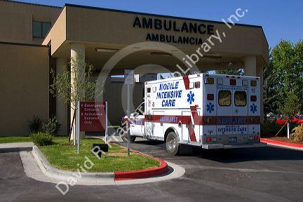 Ambulance parked at the emergency entrance to the West Valley Medical Center in Caldwell, Idaho.