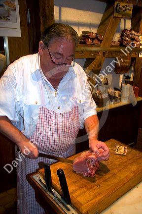 A french butcher in the village of Ribeauville, Eastern France.