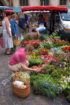 An open air market in the village of Ribeauville, Eastern France.