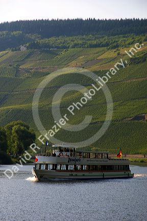 Tour boat on the Mosel River in northwest Germany with vineyards on the hillside.