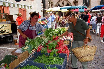 An open air market in the village of Ribeauville, Eastern France.