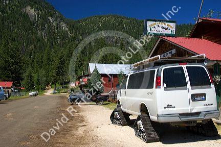 A van equipt with tracks instead of tires for driving in the snow at Yellow Pine, Idaho.