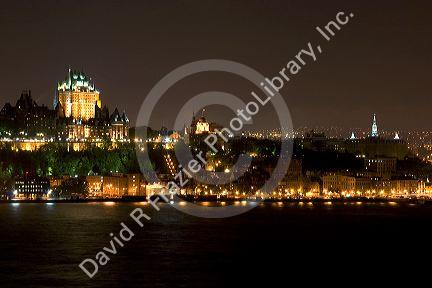 A view of Quebec City and the Chateau Frontenac across the St. Lawrence River at night, Canada.