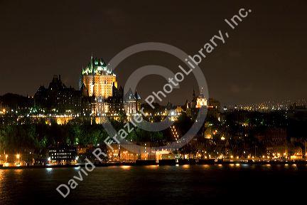 A view of Quebec City and the Chateau Frontenac across the St. Lawrence River at night, Canada.