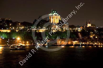 A view of Quebec City and the Chateau Frontenac across the St. Lawrence River at night, Canada.