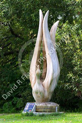 Wood sculptures at Parc des Trois Berets in the village of St.-Jean-Port-Joli along the St. Lawrence River, Quebec, Canada.