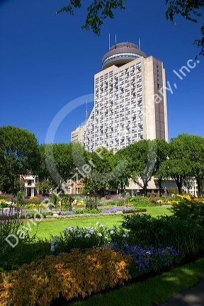 Flower garden and Hotel Loews Le Concord at Quebec City, Quebec, Canada.