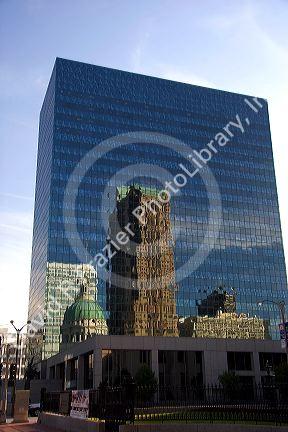 The Old Statehouse in St. Louis reflected in the glass windows of a building in Missouri.