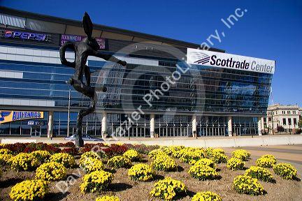 Sculpture and flowers in front of the Scottrade Center in St. Louis, Missouri.