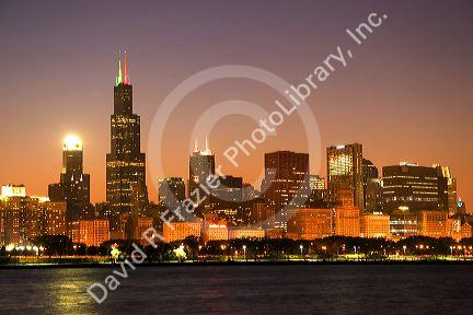 Chicago skyline at night, Illinois.