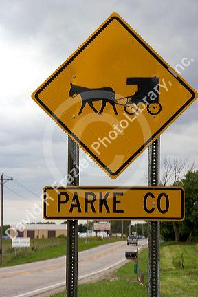 Amish buggy crossing road sign in Parke County, Indiana.
