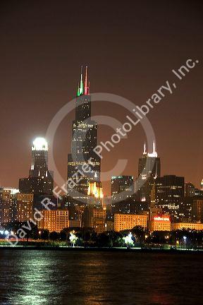 Chicago skyline and the Sears Tower at night, Illinois.