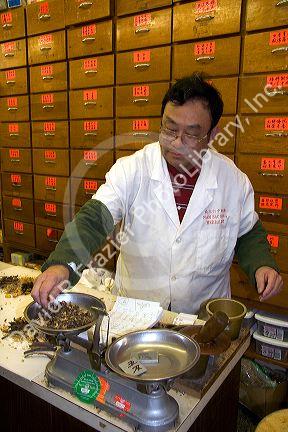 Chinese herbalist in Chicago's Chinatown, Illinois.